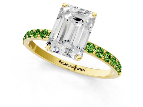 Yellow gold Emerald Cut Diamond Solitaire Engagement Ring with Round with Peridot side stone Pavé Band and Prong Setting_1