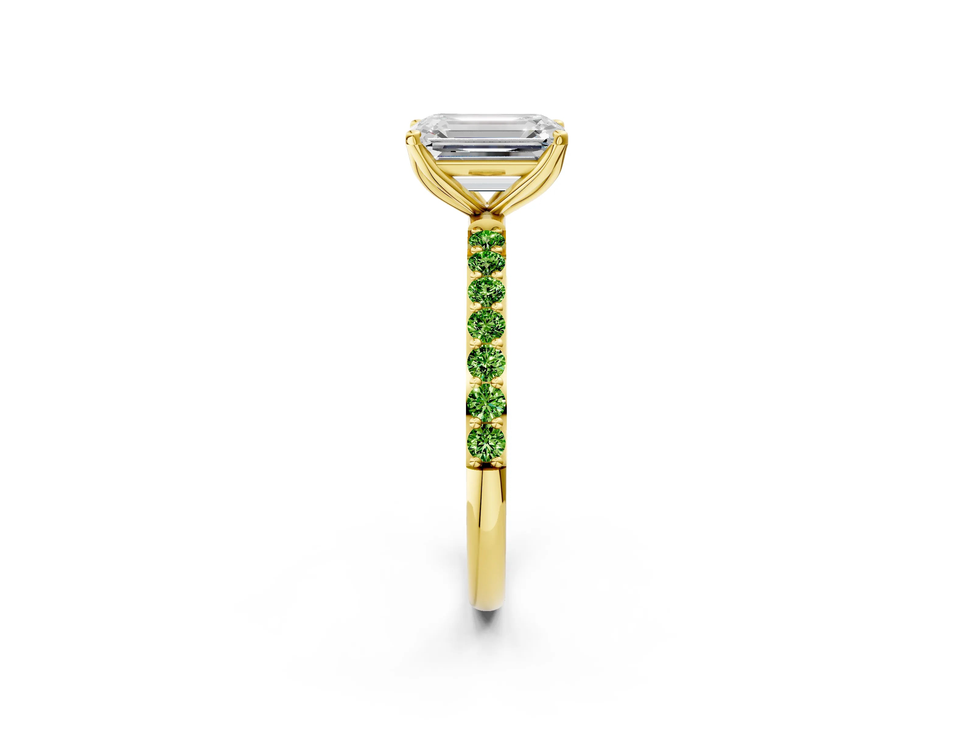 Yellow gold Emerald Cut Diamond Solitaire Engagement Ring with Round with Peridot side stone Pavé Band and Prong Setting_2