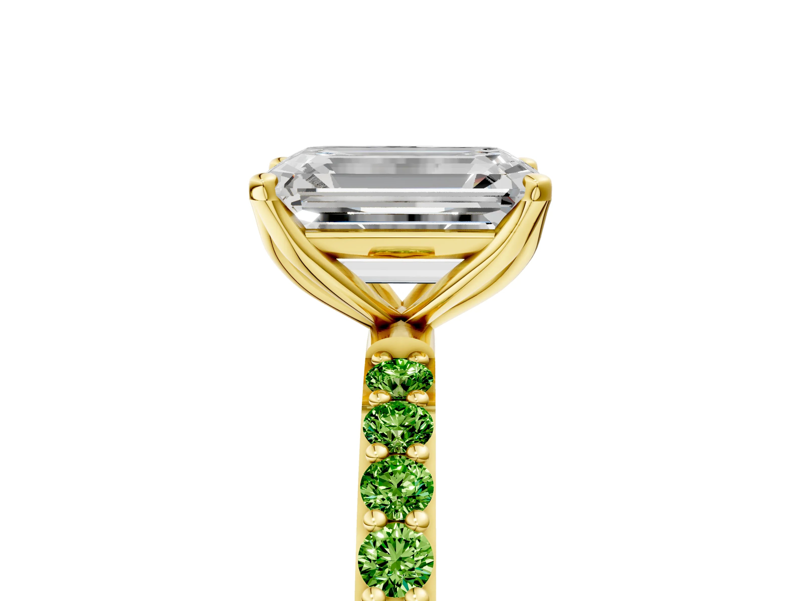 Yellow gold Emerald Cut Diamond Solitaire Engagement Ring with Round with Peridot side stone Pavé Band and Prong Setting_5