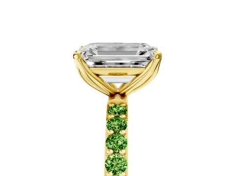 Yellow gold Emerald Cut Diamond Solitaire Engagement Ring with Round with Peridot side stone Pavé Band and Prong Setting_5