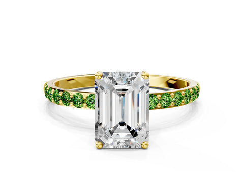 Yellow gold Emerald Cut Diamond Solitaire Engagement Ring with Round with Peridot side stone Pavé Band and Prong Setting