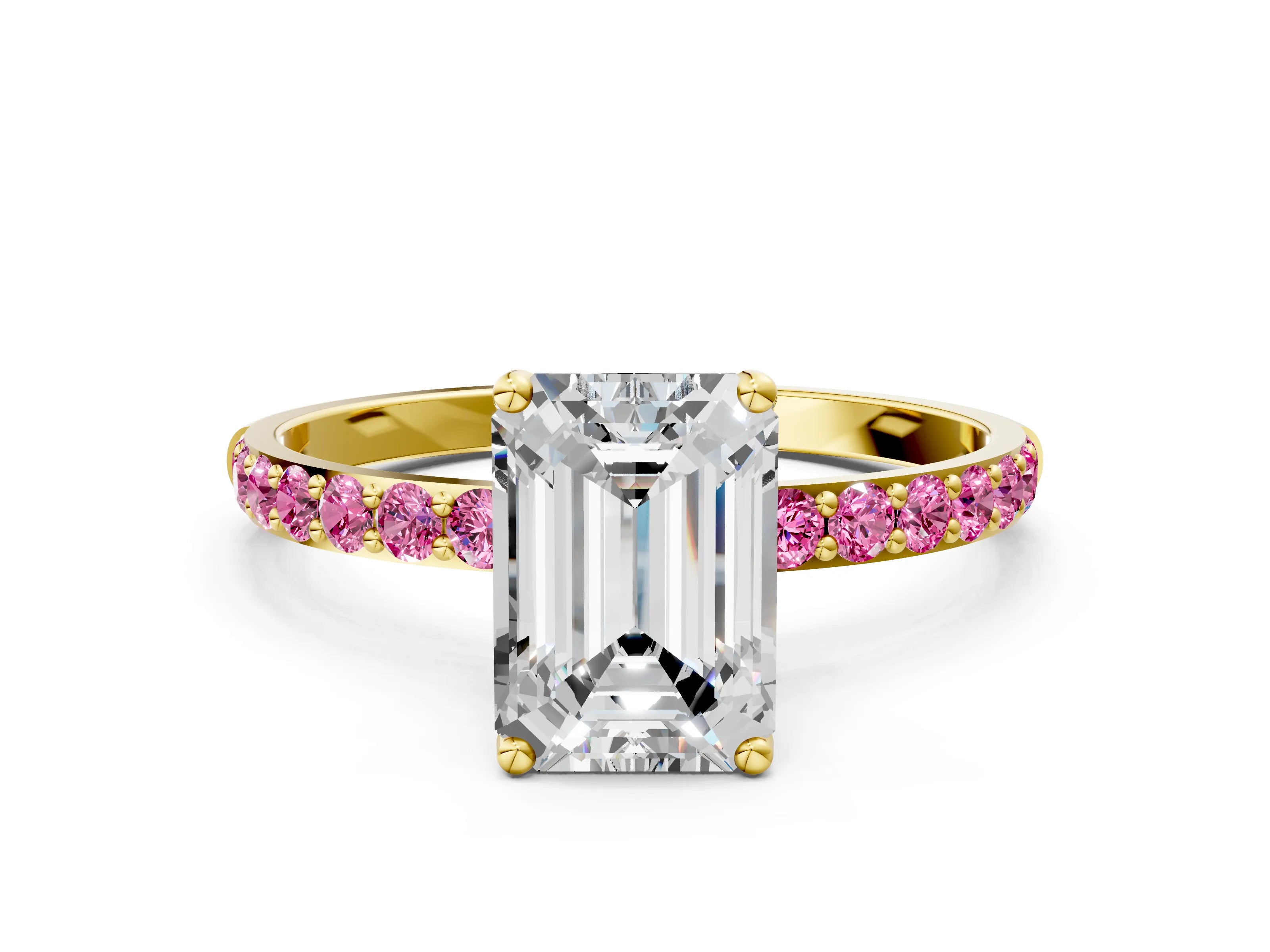 Yellow gold Emerald Cut Diamond Solitaire Engagement Ring with Round with Pink Sapphire side stone Pavé Band and Prong Setting