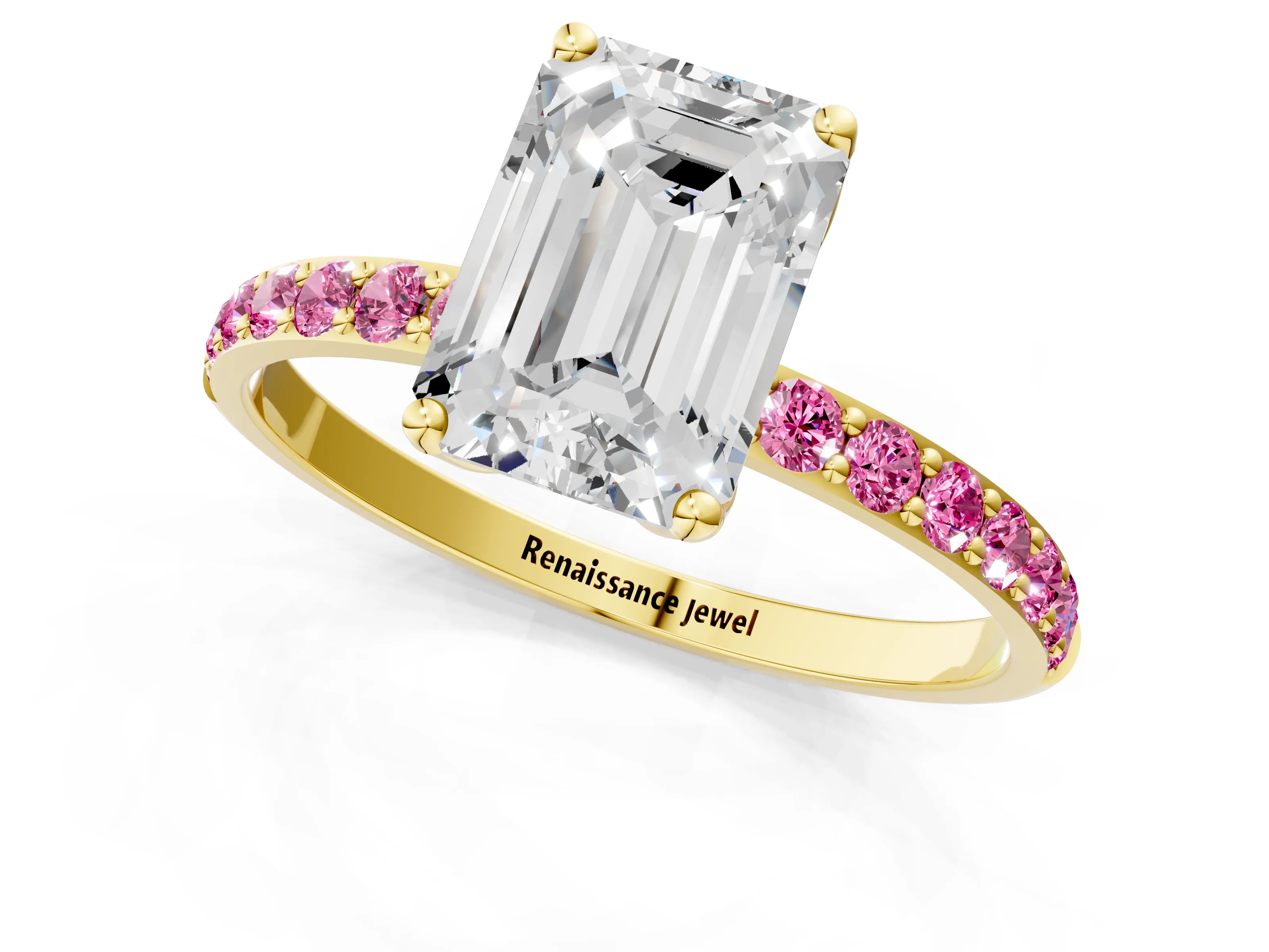 Yellow gold Emerald Cut Diamond Solitaire Engagement Ring with Round with Pink Sapphire side stone Pavé Band and Prong Setting_1
