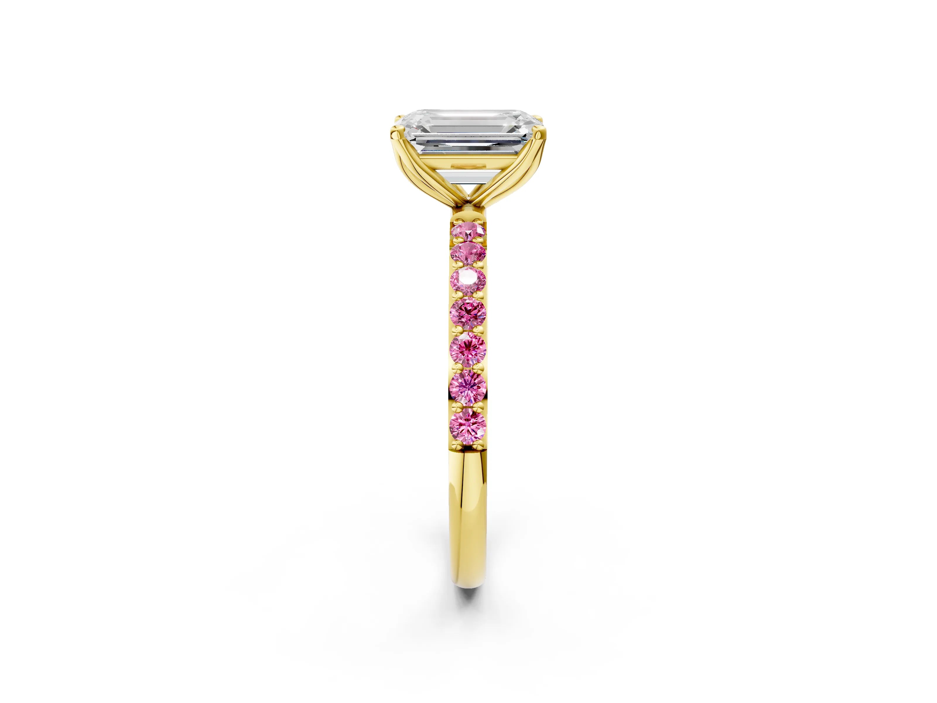 Yellow gold Emerald Cut Diamond Solitaire Engagement Ring with Round with Pink Sapphire side stone Pavé Band and Prong Setting_2