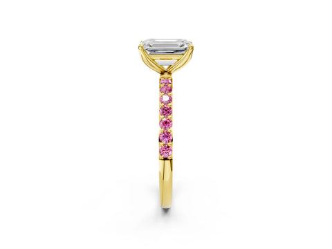 Yellow gold Emerald Cut Diamond Solitaire Engagement Ring with Round with Pink Sapphire side stone Pavé Band and Prong Setting_2