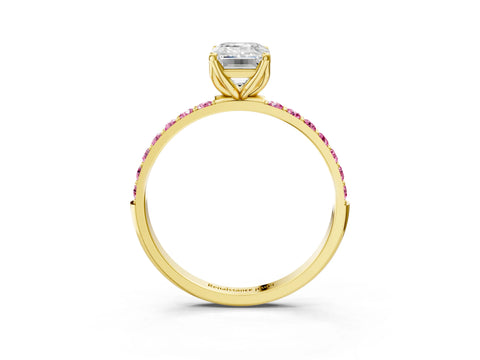 Yellow gold Emerald Cut Diamond Solitaire Engagement Ring with Round with Pink Sapphire side stone Pavé Band and Prong Setting_3