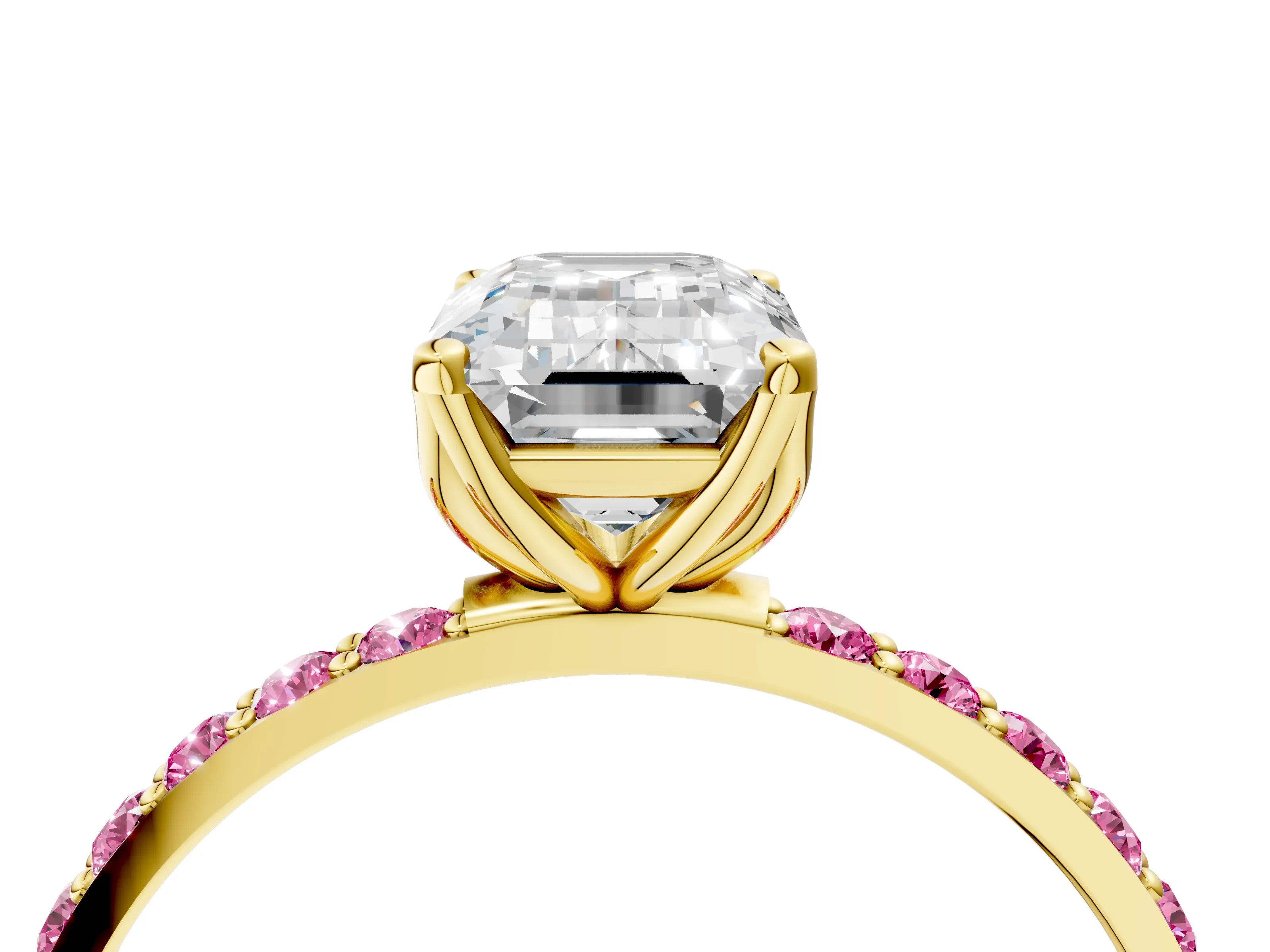 Yellow gold Emerald Cut Diamond Solitaire Engagement Ring with Round with Pink Sapphire side stone Pavé Band and Prong Setting_4