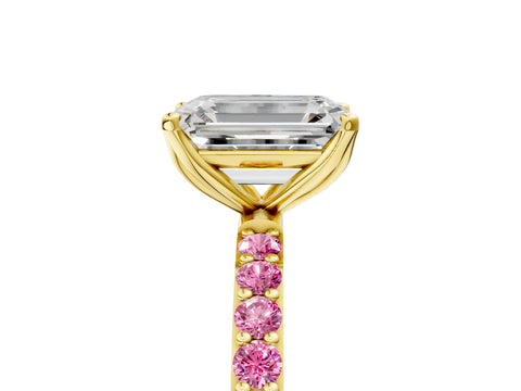 Yellow gold Emerald Cut Diamond Solitaire Engagement Ring with Round with Pink Sapphire side stone Pavé Band and Prong Setting_5