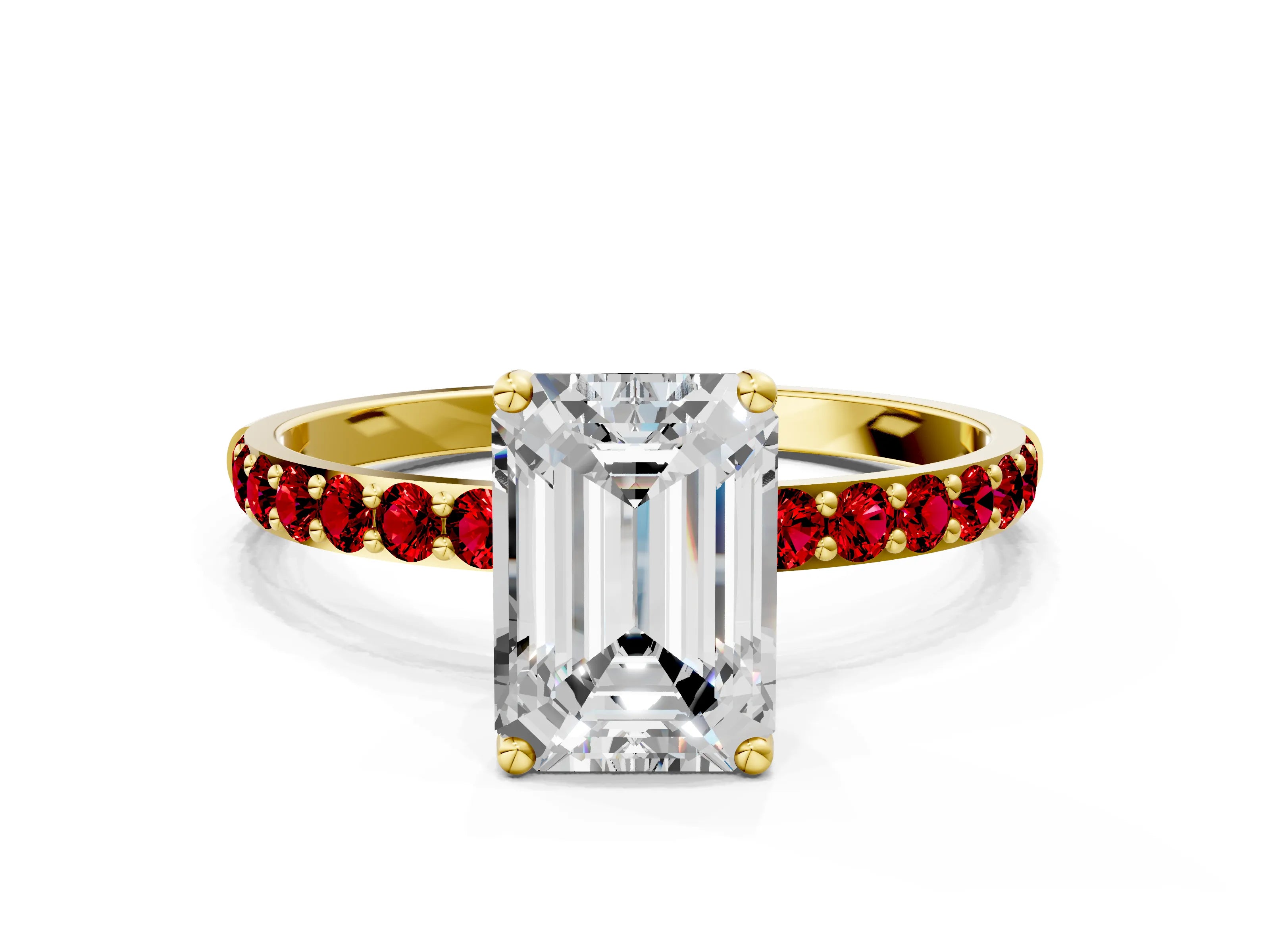 Yellow gold Emerald Cut Diamond Solitaire Engagement Ring with Round with Ruby side stone Pavé Band and Prong Setting