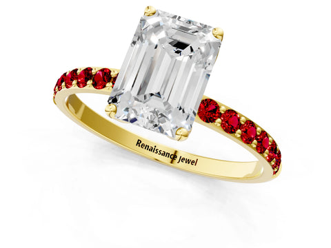 Yellow gold Emerald Cut Diamond Solitaire Engagement Ring with Round with Ruby side stone Pavé Band and Prong Setting_1
