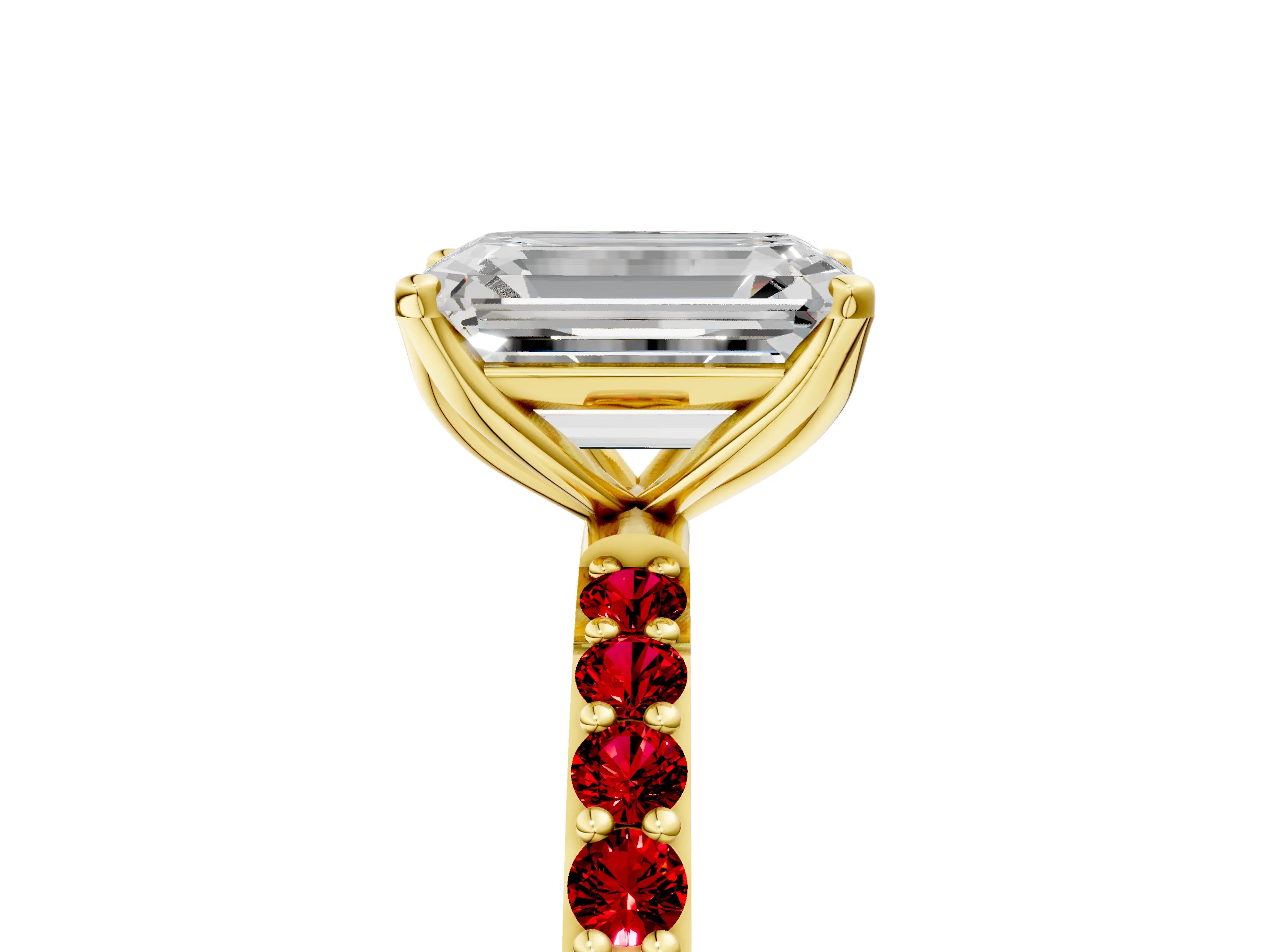 Yellow gold Emerald Cut Diamond Solitaire Engagement Ring with Round with Ruby side stone Pavé Band and Prong Setting_5