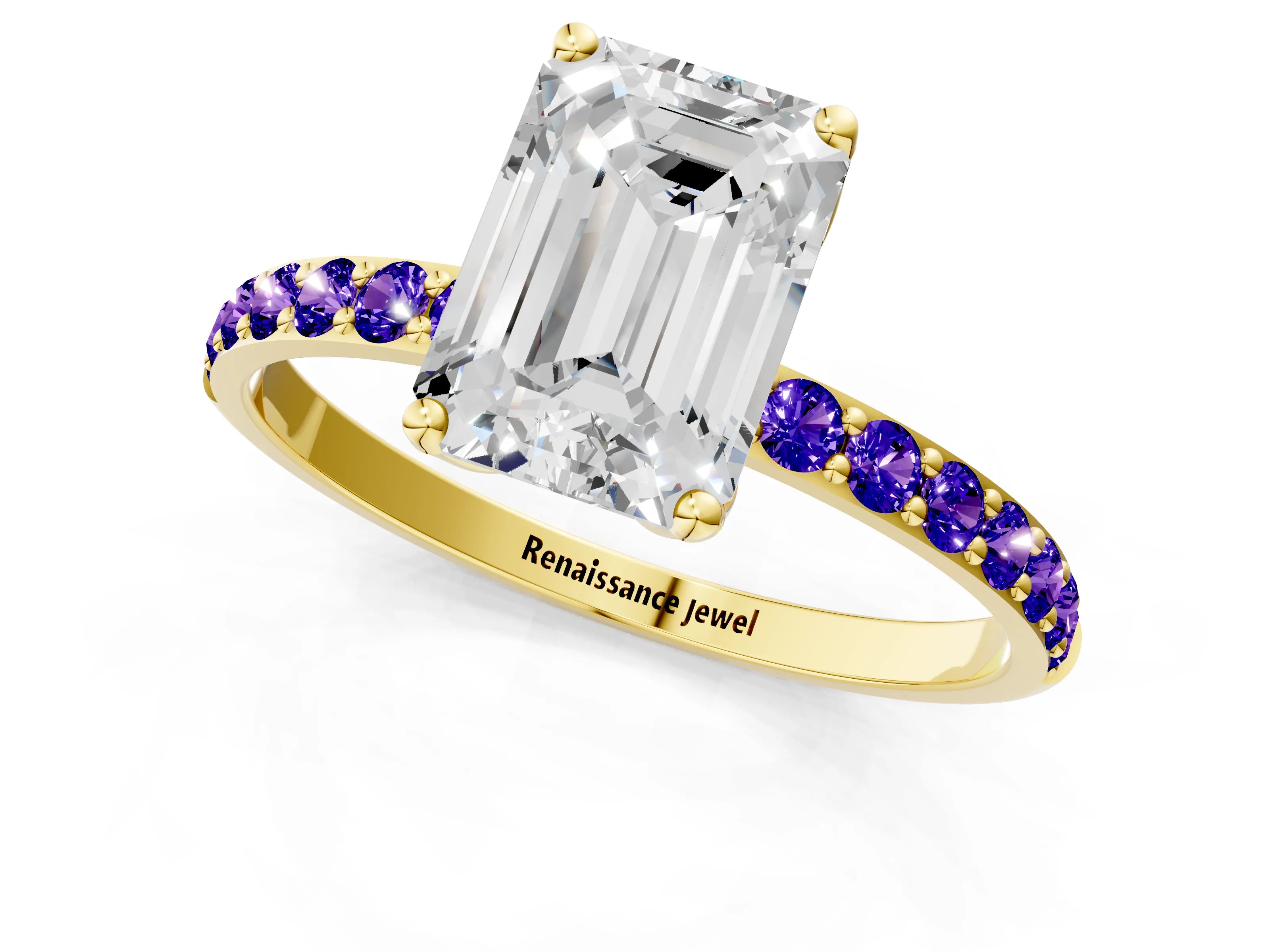 Yellow gold Emerald Cut Diamond Solitaire Engagement Ring with Round with Tanzanite side stone Pavé Band and Prong Setting_1