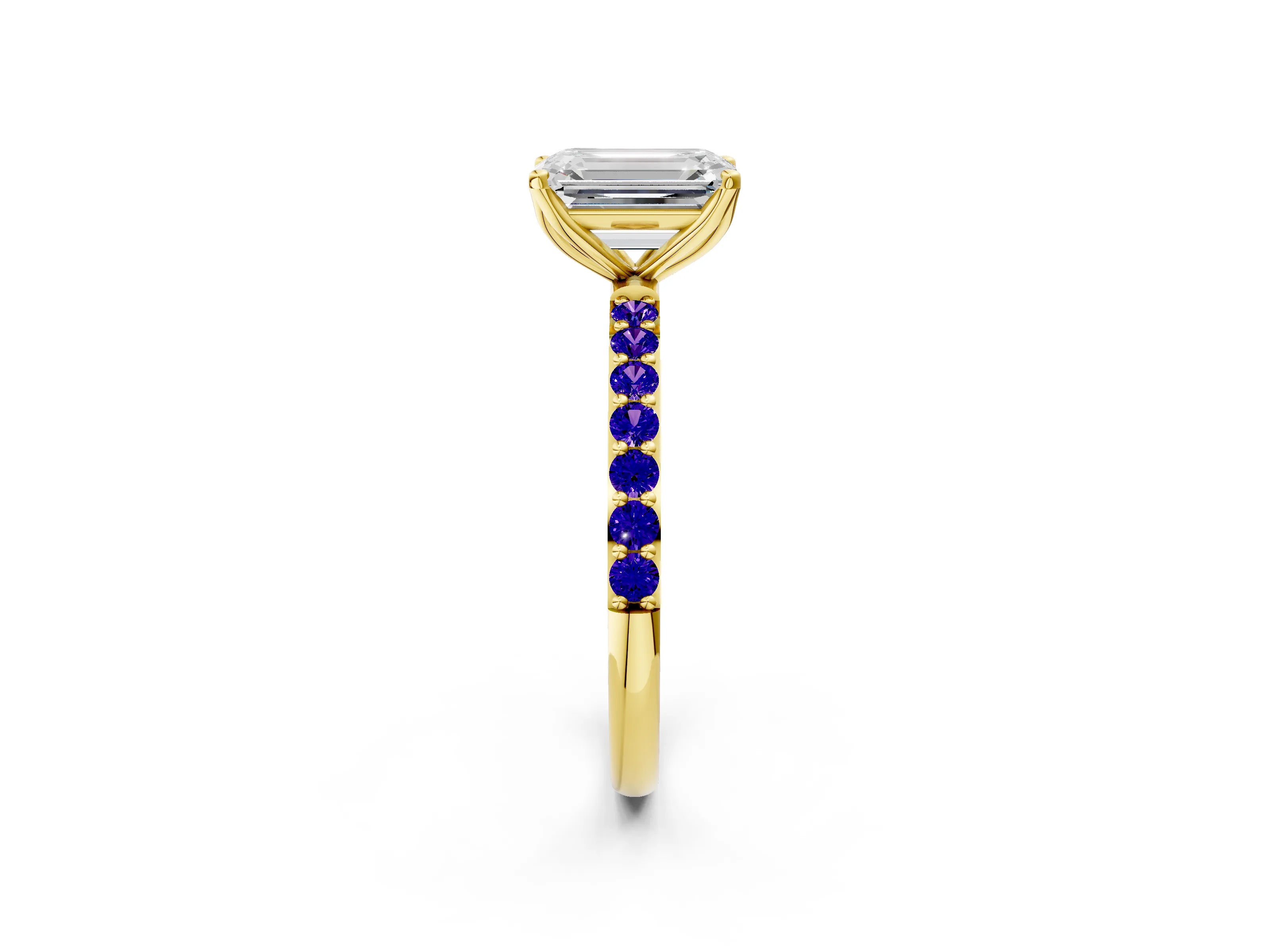 Yellow gold Emerald Cut Diamond Solitaire Engagement Ring with Round with Tanzanite side stone Pavé Band and Prong Setting_2