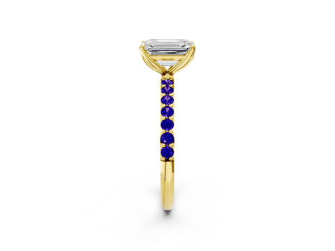 Yellow gold Emerald Cut Diamond Solitaire Engagement Ring with Round with Tanzanite side stone Pavé Band and Prong Setting_2
