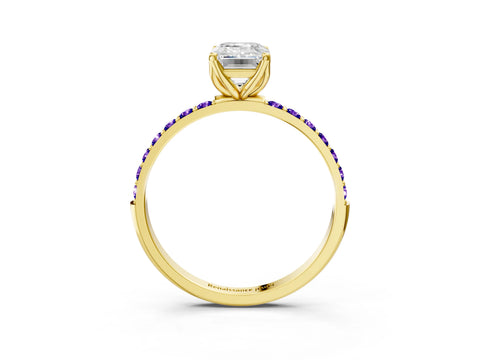 Yellow gold Emerald Cut Diamond Solitaire Engagement Ring with Round with Tanzanite side stone Pavé Band and Prong Setting_3