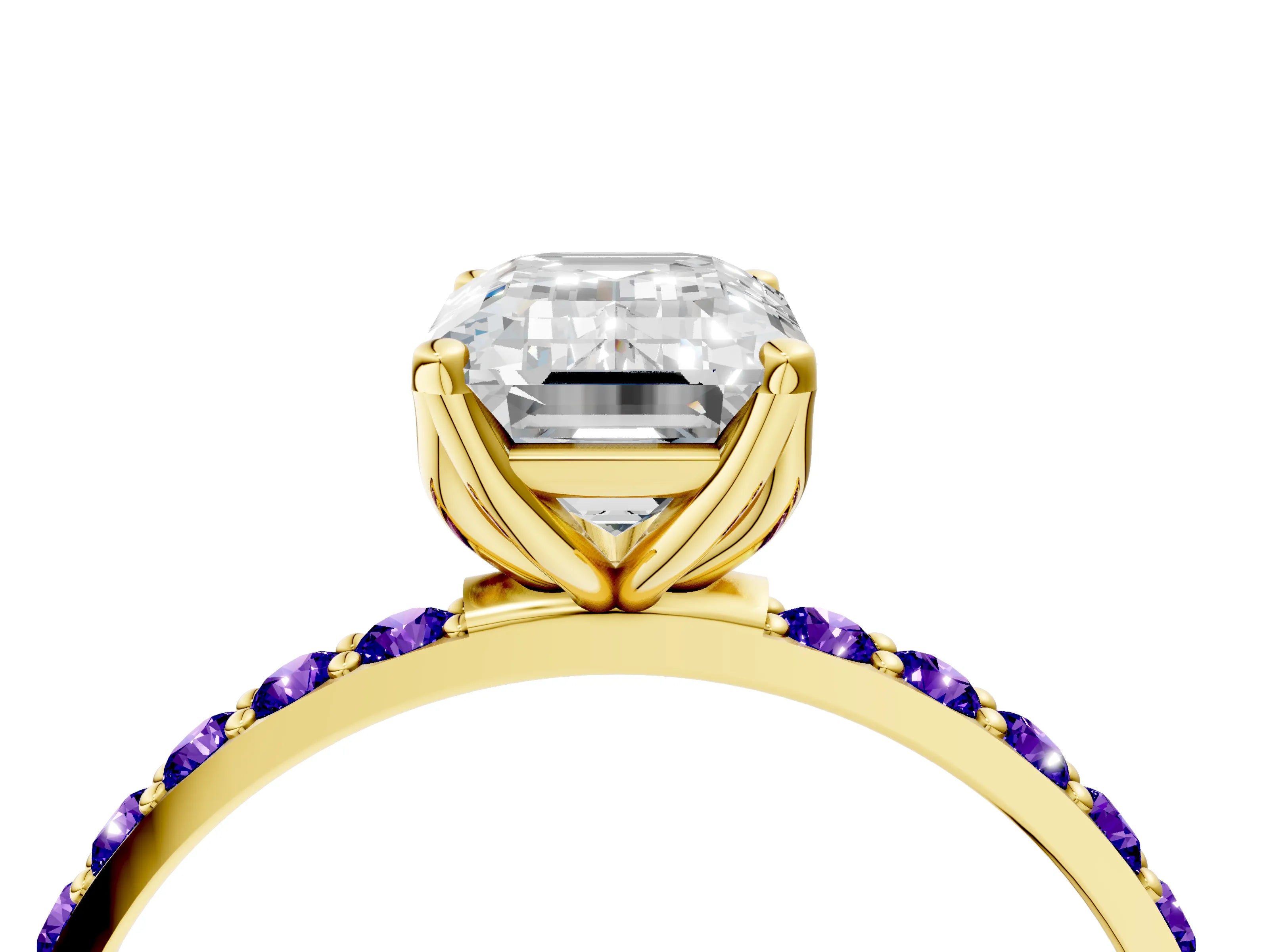 Yellow gold Emerald Cut Diamond Solitaire Engagement Ring with Round with Tanzanite side stone Pavé Band and Prong Setting_4