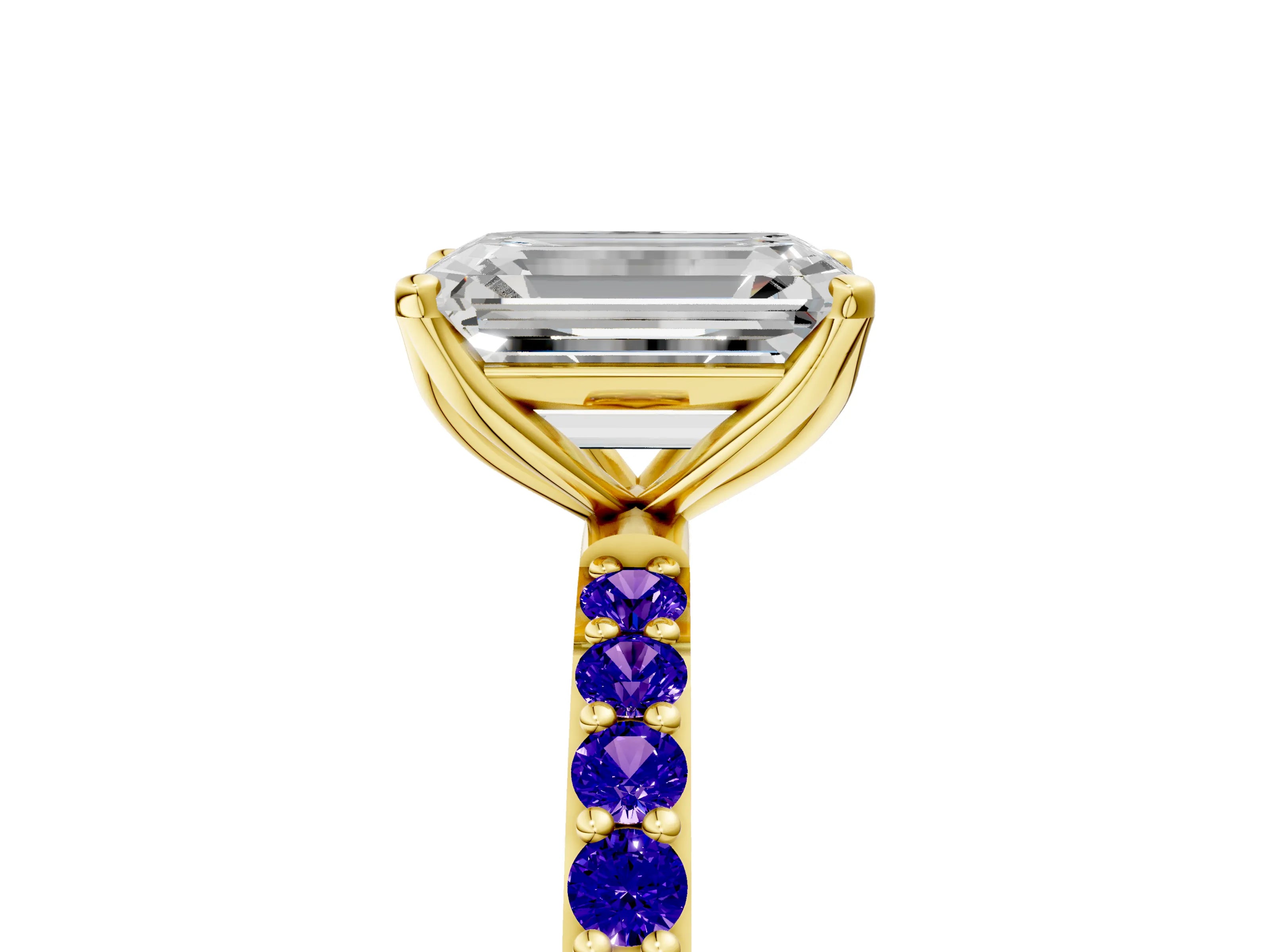 Yellow gold Emerald Cut Diamond Solitaire Engagement Ring with Round with Tanzanite side stone Pavé Band and Prong Setting_5