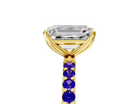 Yellow gold Emerald Cut Diamond Solitaire Engagement Ring with Round with Tanzanite side stone Pavé Band and Prong Setting_5