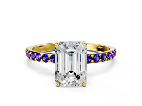 Yellow gold Emerald Cut Diamond Solitaire Engagement Ring with Round with Tanzanite side stone Pavé Band and Prong Setting