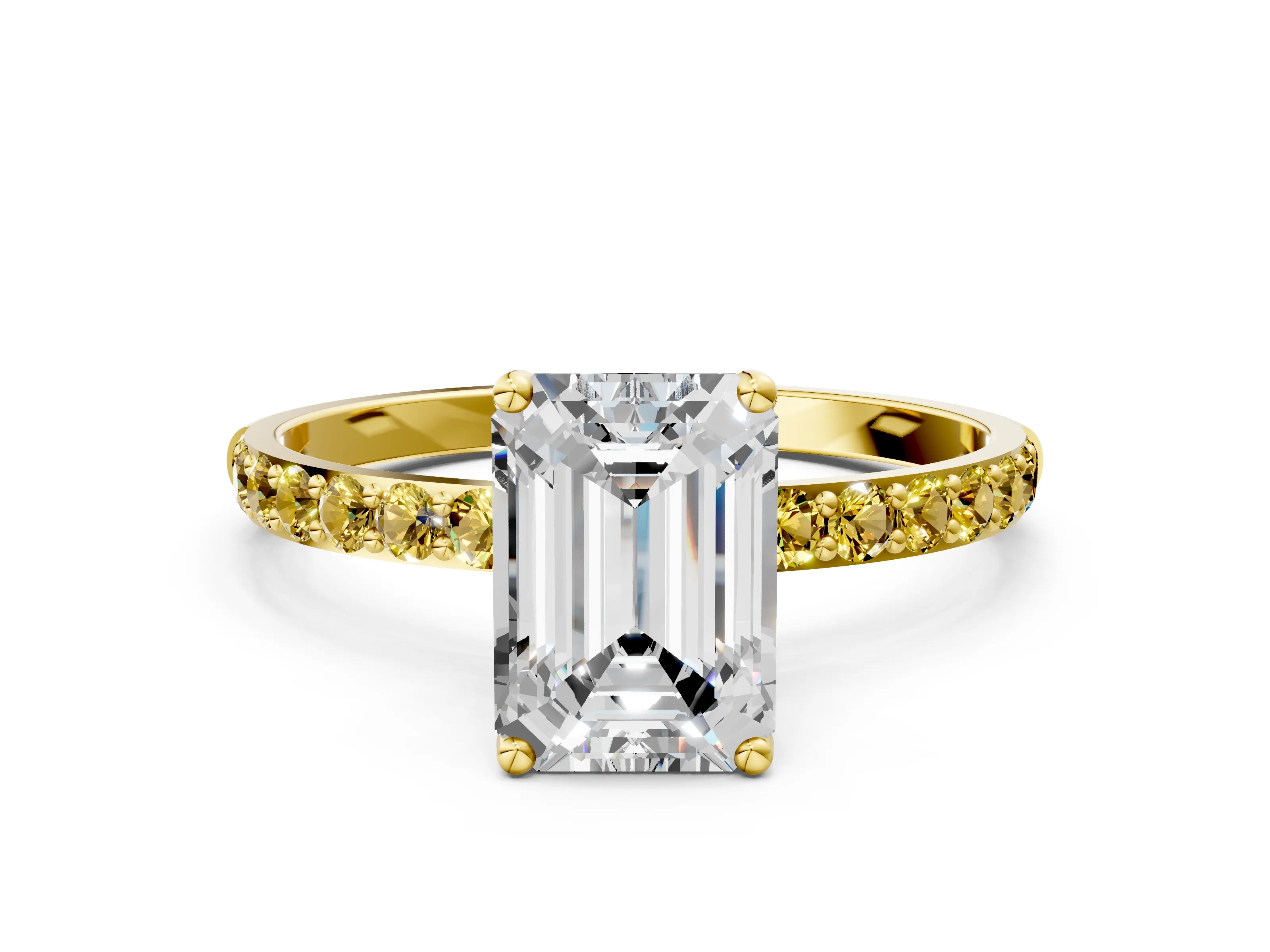 Yellow gold Emerald Cut Diamond Solitaire Engagement Ring with Round with Yellow Sapphire side stone Pavé Band and Prong Setting
