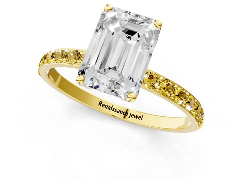 Yellow gold Emerald Cut Diamond Solitaire Engagement Ring with Round with Yellow Sapphire side stone Pavé Band and Prong Setting_1