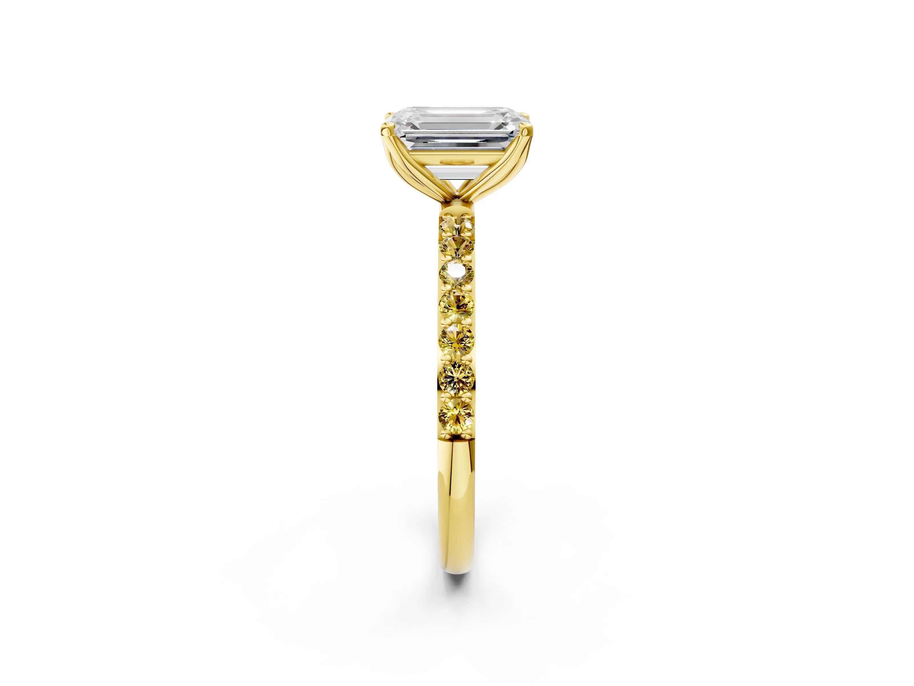 Yellow gold Emerald Cut Diamond Solitaire Engagement Ring with Round with Yellow Sapphire side stone Pavé Band and Prong Setting_2