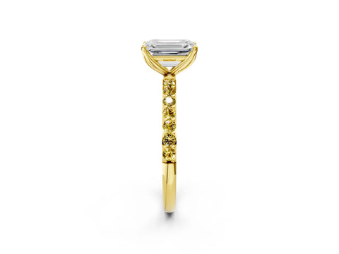 Yellow gold Emerald Cut Diamond Solitaire Engagement Ring with Round with Yellow Sapphire side stone Pavé Band and Prong Setting_2