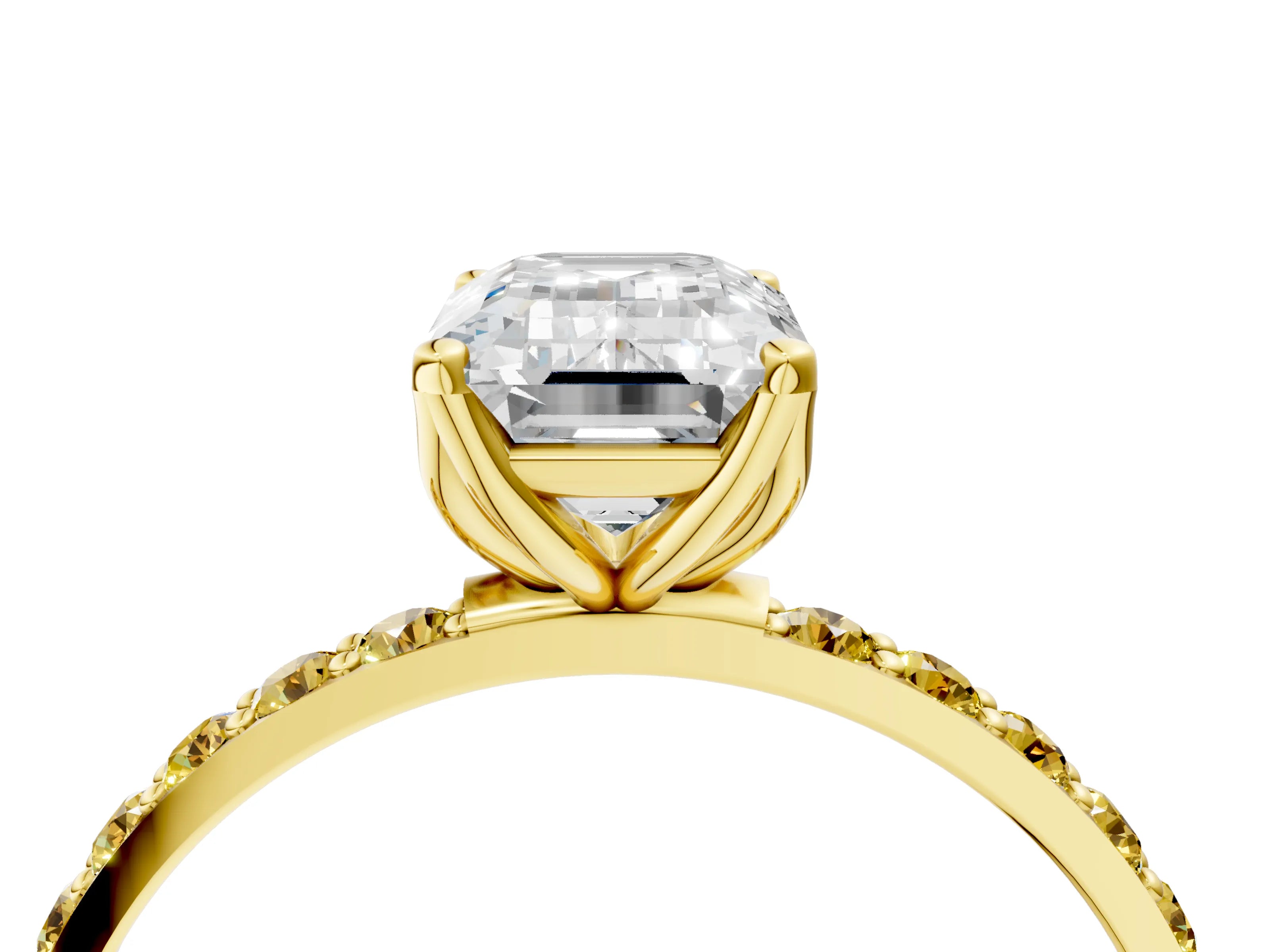 Yellow gold Emerald Cut Diamond Solitaire Engagement Ring with Round with Yellow Sapphire side stone Pavé Band and Prong Setting_4