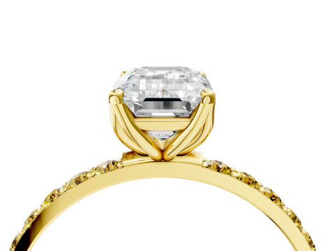 Yellow gold Emerald Cut Diamond Solitaire Engagement Ring with Round with Yellow Sapphire side stone Pavé Band and Prong Setting_4