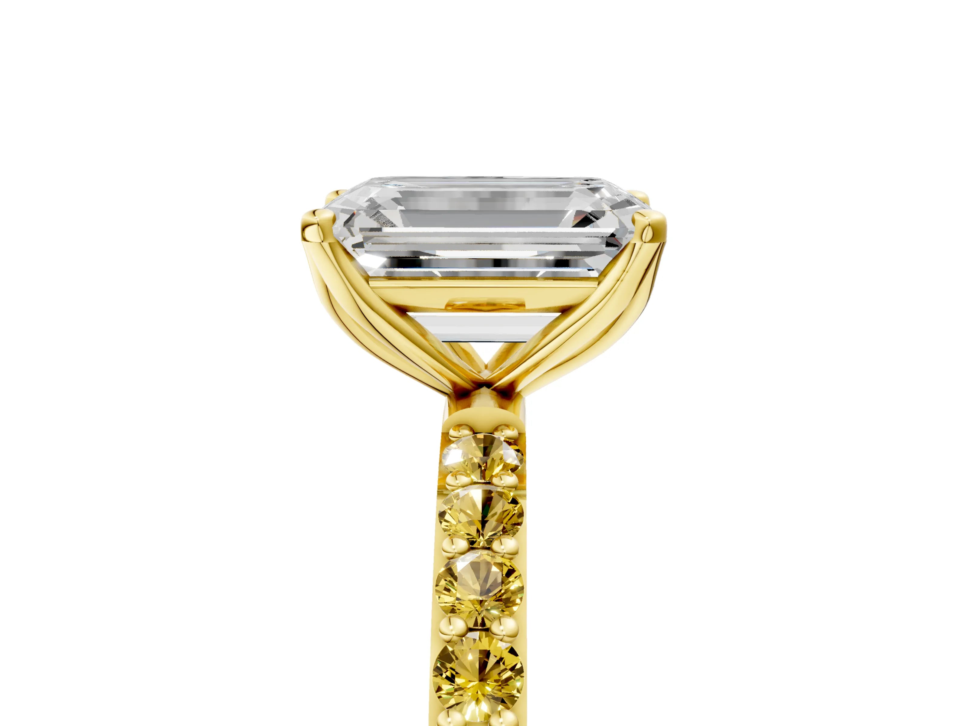 Yellow gold Emerald Cut Diamond Solitaire Engagement Ring with Round with Yellow Sapphire side stone Pavé Band and Prong Setting_5