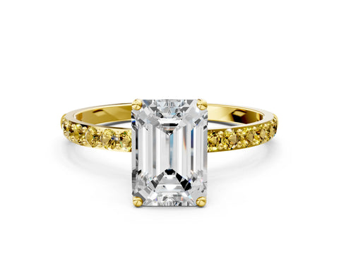 Yellow gold Emerald Cut Diamond Solitaire Engagement Ring with Round with Yellow Sapphire side stone Pavé Band and Prong Setting