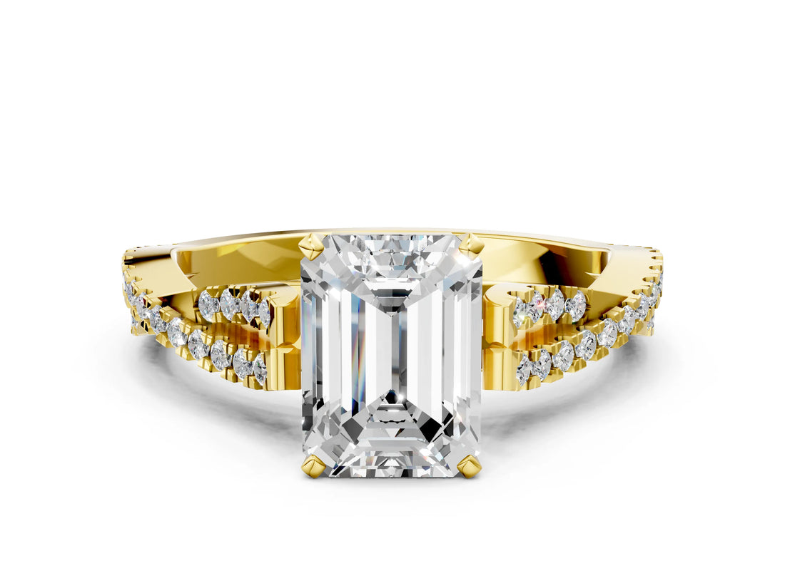 Yellow gold Emerald Cut Diamond Solitaire Engagement Ring with Twisted Pavé Band and Four-Prong Setting_69