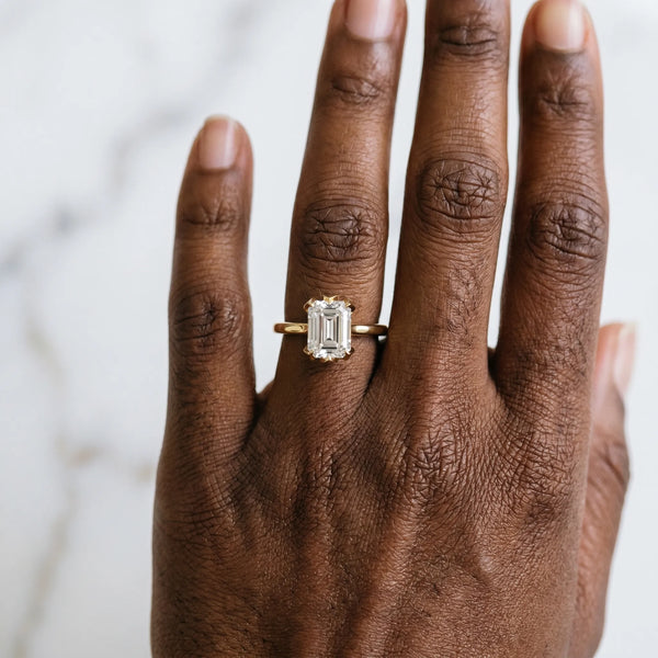 Yellow Gold Emerald Cut Floral Solitaire Engagement Ring Setting with Flower Head and Plain Band