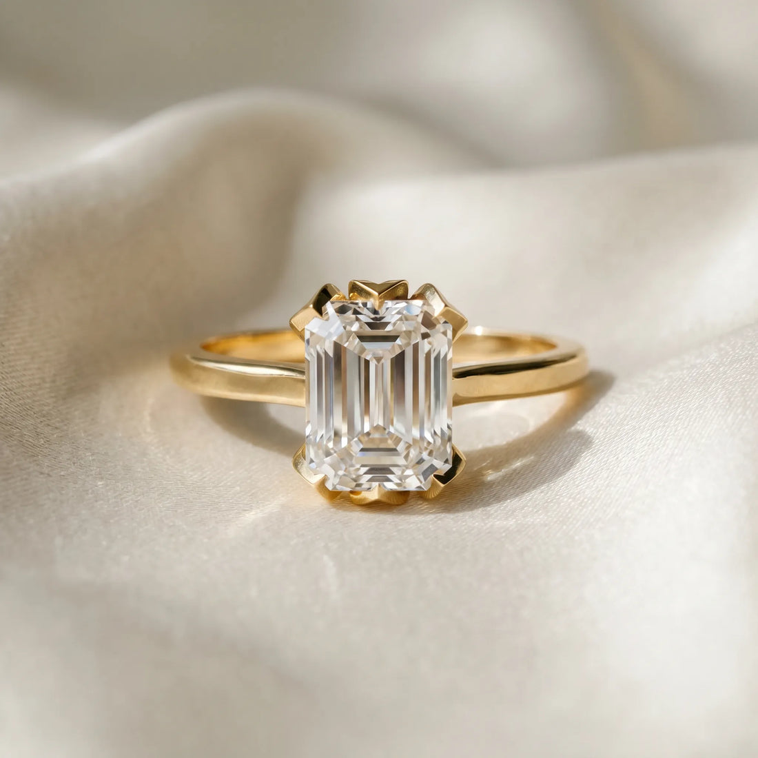 Yellow gold Emerald Cut Diamond Solitaire Ring with Flower Prong Setting and Classic Band_191