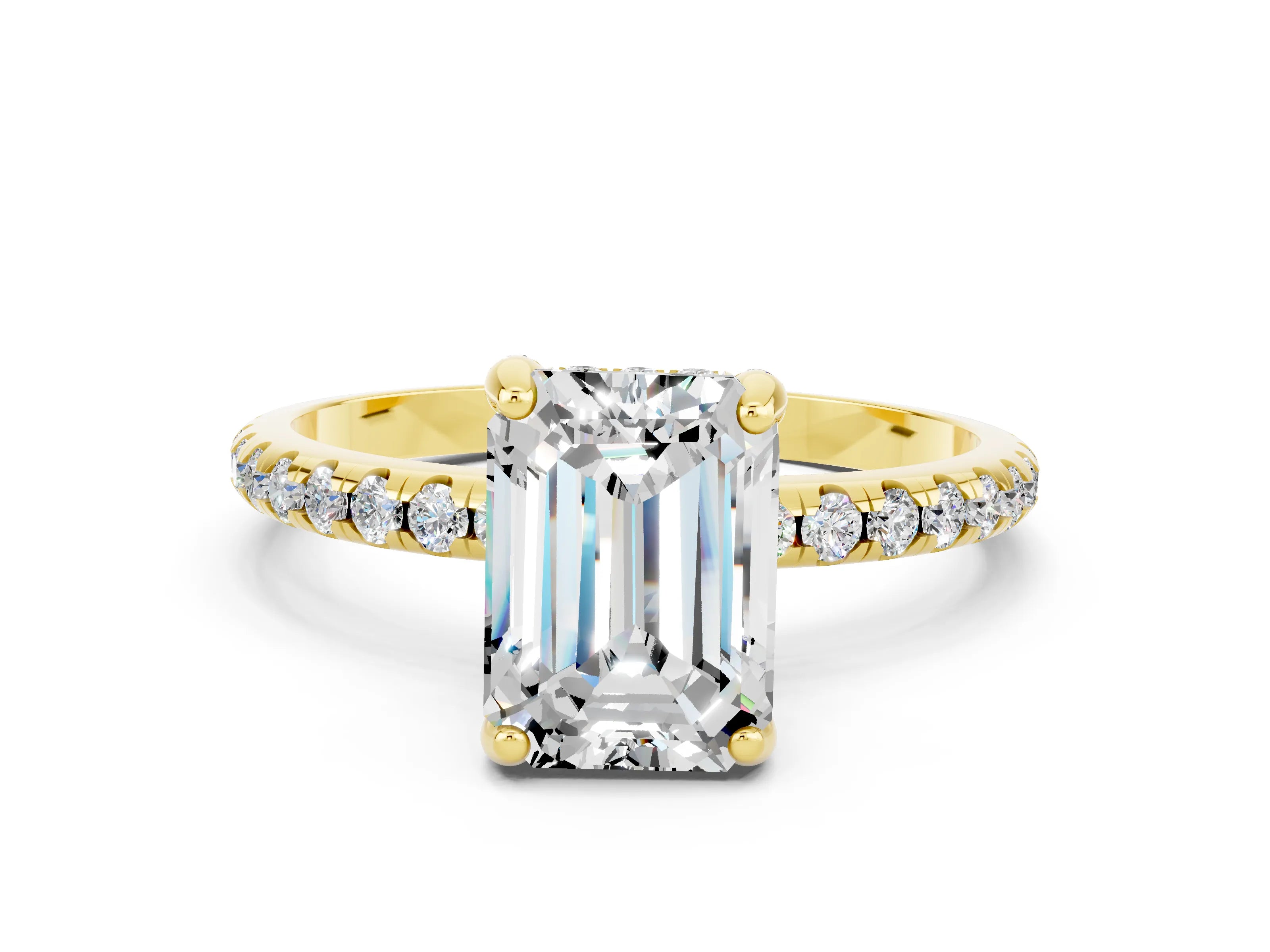Yellow gold Emerald Cut Diamond Solitaire Ring with Four-Prong Setting and Pavé Band
