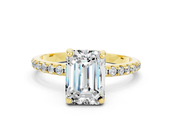 Yellow gold Emerald Cut Moissanite Hidden Halo Engagement Ring with Round Pavé Band and Prong Setting
