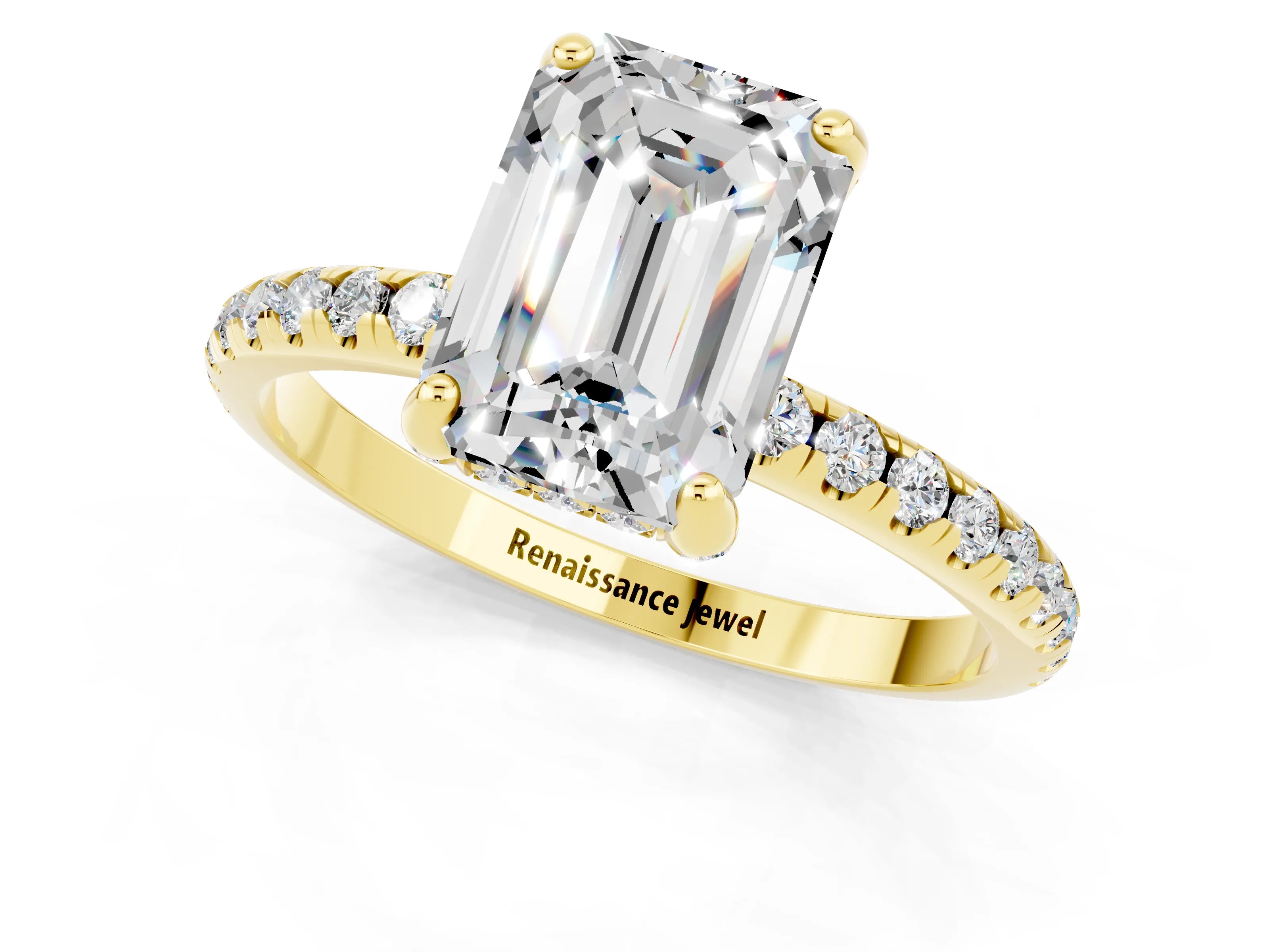 Yellow gold Emerald Cut Diamond Solitaire Ring with Four-Prong Setting and Pavé Band_1