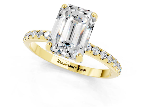 Yellow gold Emerald Cut Moissanite Hidden Halo Engagement Ring with Round Pavé Band and Prong Setting