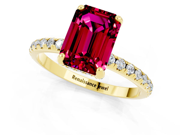 Yellow gold Emerald Cut Garnet Hidden Halo Engagement Ring with Round Pavé Band and Prong Setting