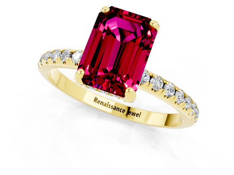 Yellow gold Emerald Cut Diamond Solitaire Ring with Four-Prong Setting and Pavé Band_1