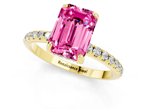 Yellow gold Emerald Cut Diamond Solitaire Ring with Four-Prong Setting and Pavé Band_1