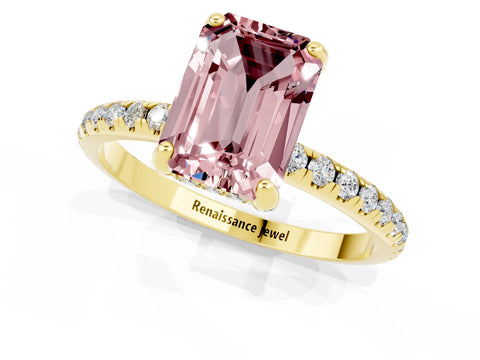 Yellow gold Emerald Cut Diamond Solitaire Ring with Four-Prong Setting and Pavé Band_1