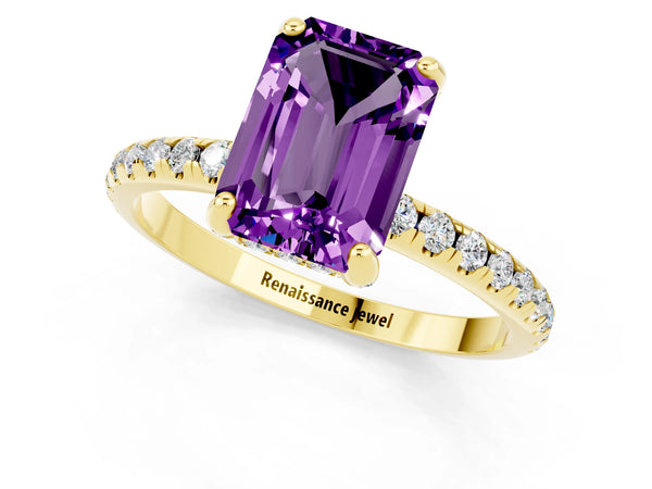 Yellow gold Emerald Cut Amethyst Hidden Halo Engagement Ring with Round Pavé Band and Prong Setting