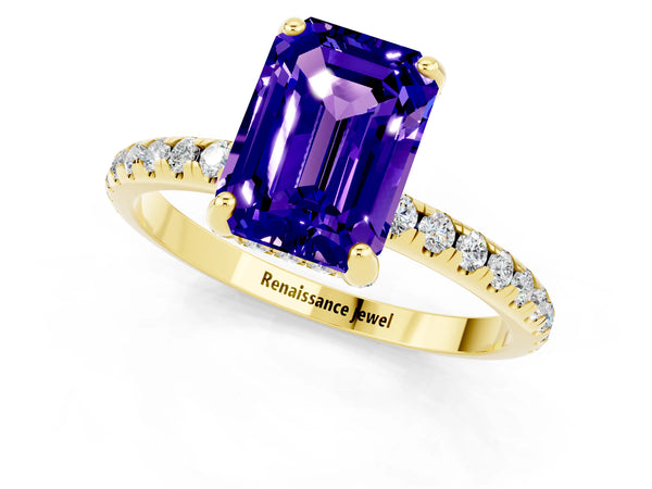 Yellow gold Emerald Cut Tanzanite Hidden Halo Engagement Ring with Round Pavé Band and Prong Setting