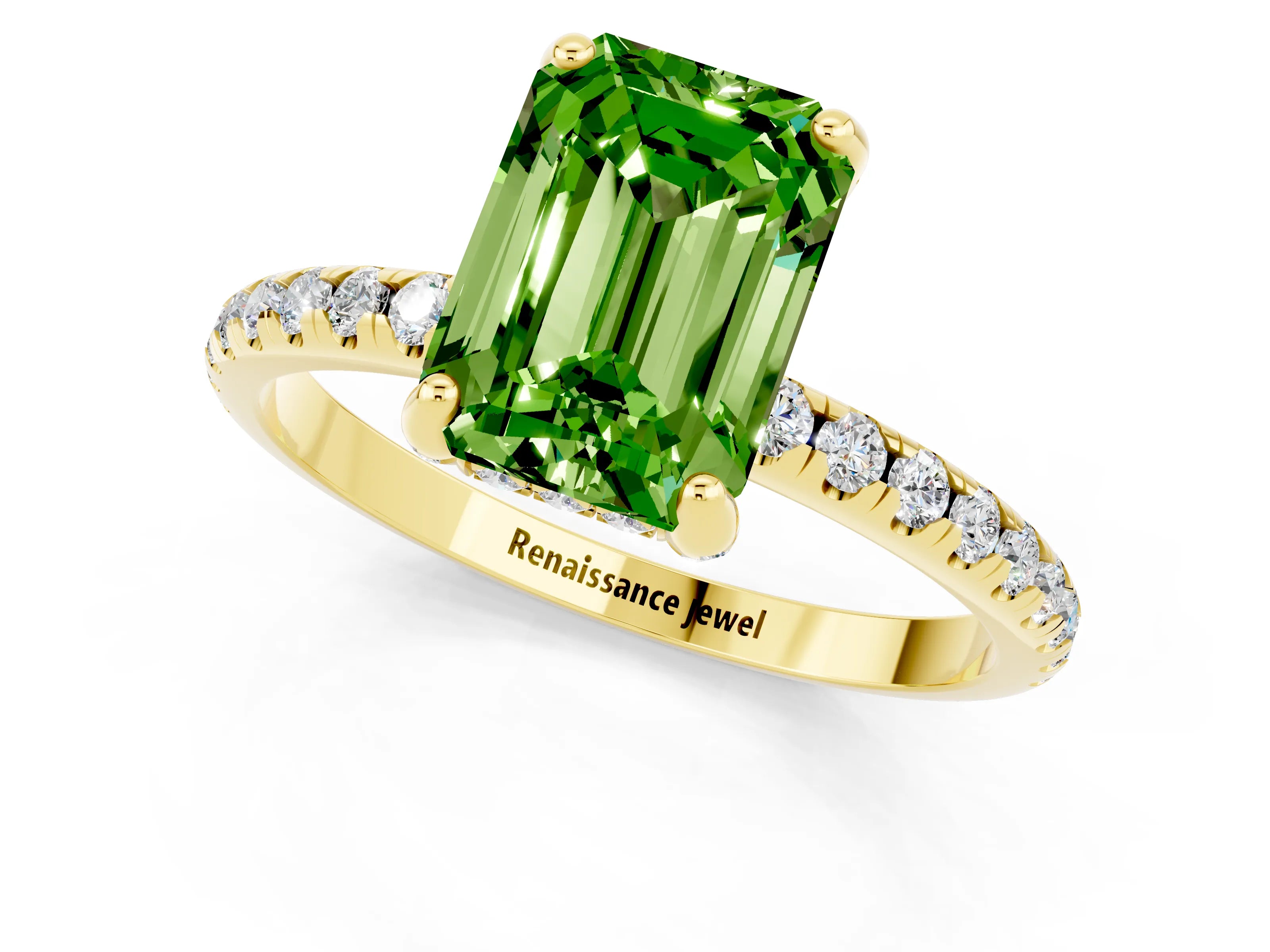 Yellow gold Emerald Cut Diamond Solitaire Ring with Four-Prong Setting and Pavé Band_1