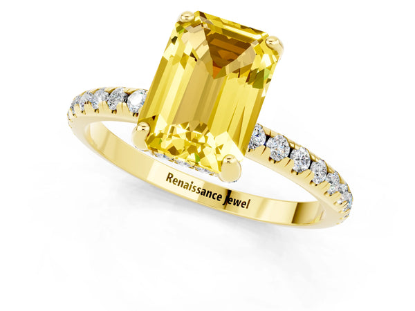 Yellow gold Emerald Cut Yellow Sapphire Hidden Halo Engagement Ring with Round Pavé Band and Prong Setting