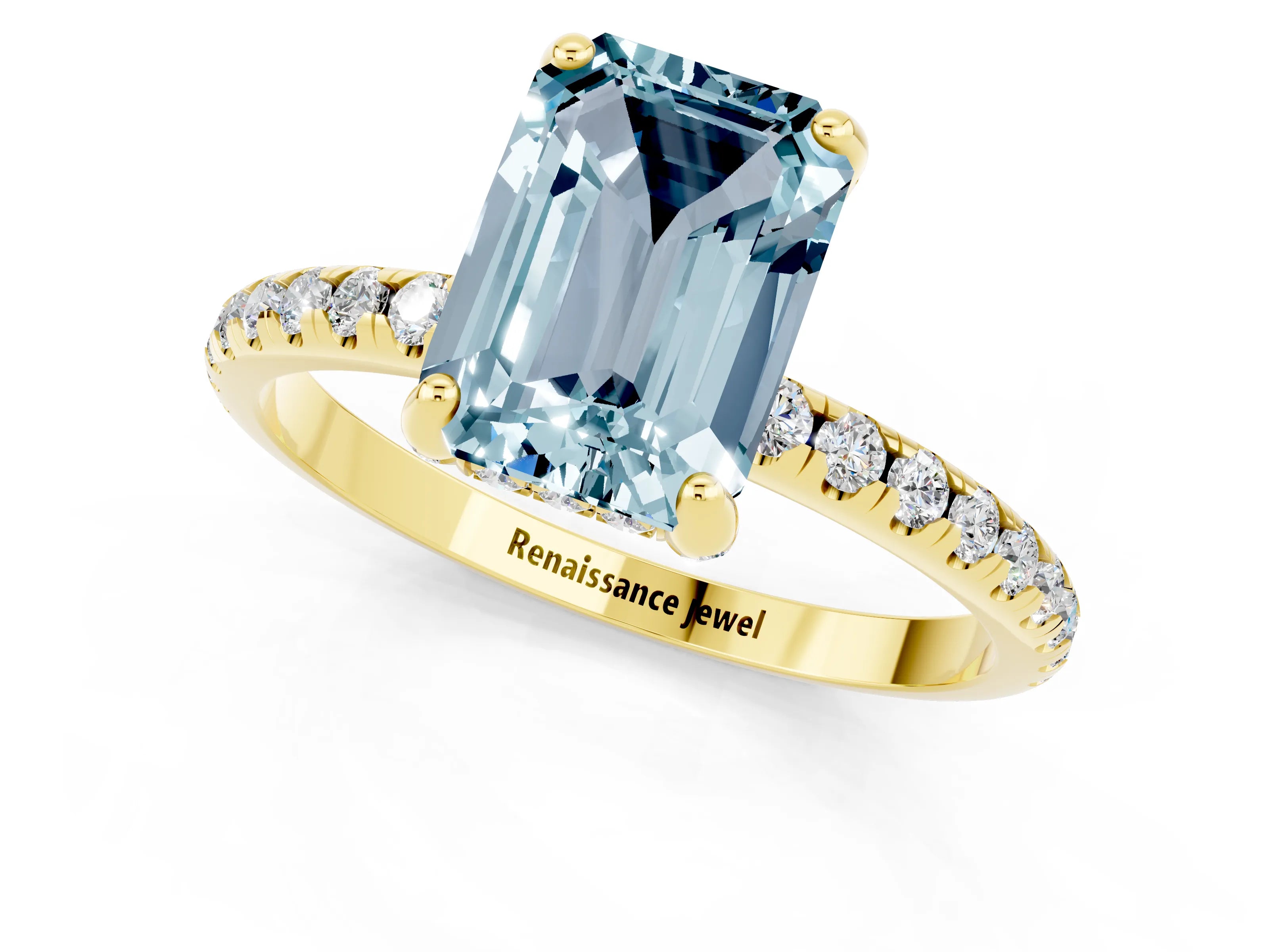 Yellow gold Emerald Cut Diamond Solitaire Ring with Four-Prong Setting and Pavé Band_1