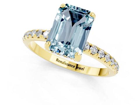 Yellow gold Emerald Cut Diamond Solitaire Ring with Four-Prong Setting and Pavé Band_1