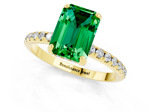 Yellow gold Emerald Cut Emerald Hidden Halo Engagement Ring with Round Pavé Band and Prong Setting