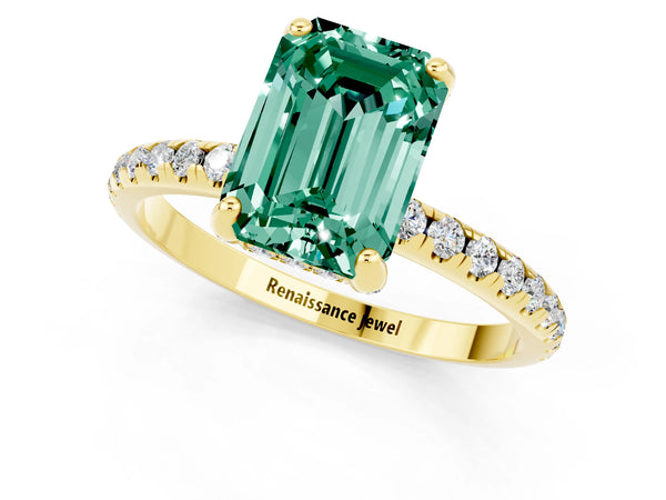 Yellow gold Emerald Cut Green Sapphire Hidden Halo Engagement Ring with Round Pavé Band and Prong Setting